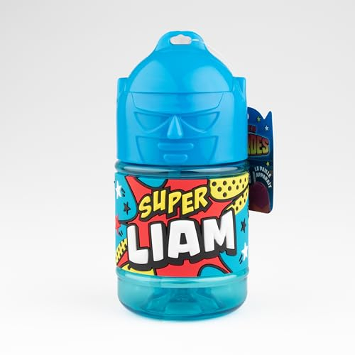 Bottiglia personalizzata per bambini, borraccia con cannuccia - Super Liam, blu
