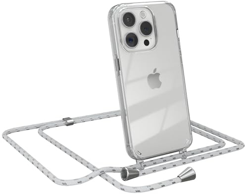EAZY CASE Handykette kompatibel mit iPhone 15 Pro Handyhülle mit Umhängeband, Handykordel mit Schutzhülle, Silikonhülle, Hülle mit Band, Stylische Kette für Smartphones, Weiß/Silber