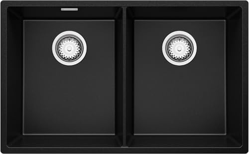 PRIMAGRAN Spülbecken ab 80er Unterschrank + Ablauf-Set, 76x47cm | Set: Ablauf-Set (Siphon, Ablaufgarnitur, Überlauf) + Granitspüle 2 Becken - London Twin Slim, Schwarz