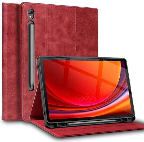 Gexmil Leder Hülle für Samsung Galaxy Tab S8 2022/S7 2020 11 Zoll,mit Stylus Halter,Automatischer Schlaf/Aufwachen, Folio Echtes Leder Hülle Anti-Fingerabdruck,Einstellbarer Ständer,Öl Wachs Rot