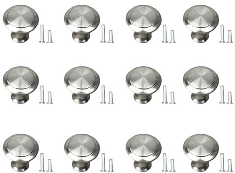 Gendewiner 12 Pack Cabinet Door Knobs Stainless Steel 27mm Diameter Metal Round Drawer Wardrobe Pull Handles with 24 Screws for Cupboard Wardrobe Furniture, Silver
