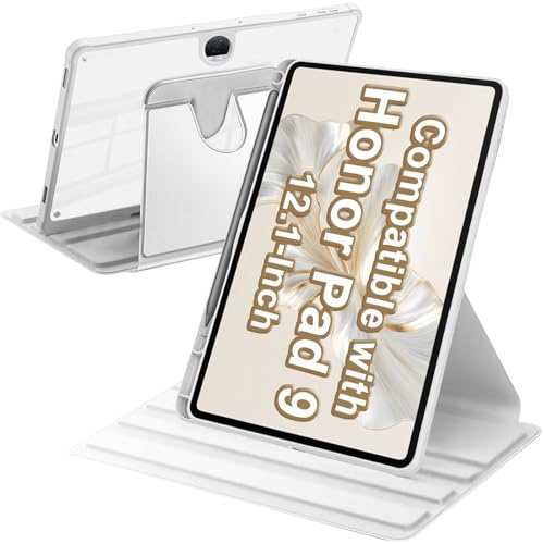 A-BEAUTY Coque Rotative Compatible avec Honor Pad 9 12,1 Pouces 2023 avec Porte-Stylo, Rotation à 360° Support Étui Housse Protection Dos Transparent Antichoc, Gris