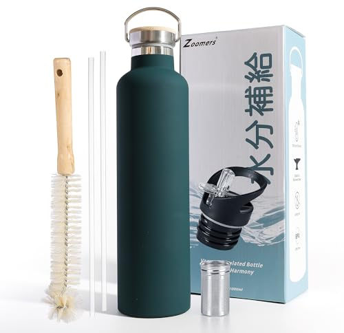 Zoomers Gourde Isotherme 1L en Acier Inox avec Paille. Bouteille Isotherme 1L avec 2 Bouchons + Infuseur à Thé + Brosse sans BPA. Thermos Isotherme 1 L pour Sport, Bureau, Randonnée