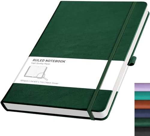 RETTACY Notebook A4 Lined Journal-192 Pages Note Book for Writing, Hardcover Leather Notepad with Pen Loop for Women Men Work Office School (21.5 x 27.9cm)-Dark Green