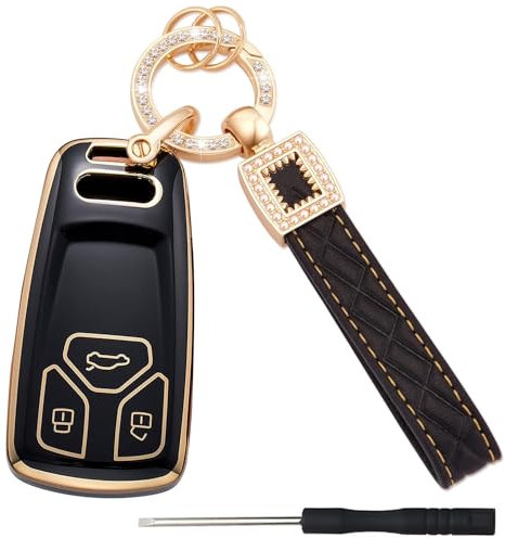 Misuyue Audi Schlüssel Hülle für Audi A4 B9 A5 A4L A6L A8 Q7 Q5 TT TTS S4 S5 RS4 RS5, 3 Tasten TPU Audi Schlüsselhülle + Lederanhänger Schlüsselanhänger, Audi A4 Schlüsselhülle Zubehör (schwarz)