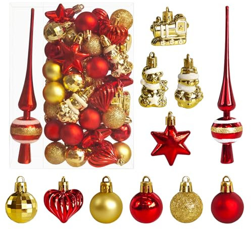 34 Stück Weihnachtskugeln mit Baumspitze Set,Ø3/4.5/5.5cm Kleine Christbaumkugeln Kunststoff Rot Gold Kugeln Mini Weihnachten Weihnachtsdeko Tischdeko Tannenbaum Weihnachtsbaum Deko Ornamente