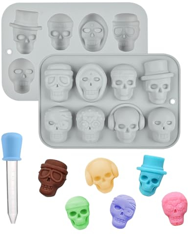 DBALL 2 Stück Schokoladenform Silikon Totenkopf Pralinenform mit 1 Pipette Eiswürfelform Halloween Silikonformen für SüßIgkeiten Gelee Eiswürfel Seifen DIY Kuchendekoration