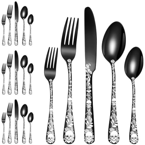 XIAOYU 20 Piece Halloween Skeleton Tableware Silverware Set, Metal Flatware Set Service for 4, Gothic Unique Skull Flower Pattern Design, Skeleton Utensil Cutlery Set for Halloween Easter Christmas