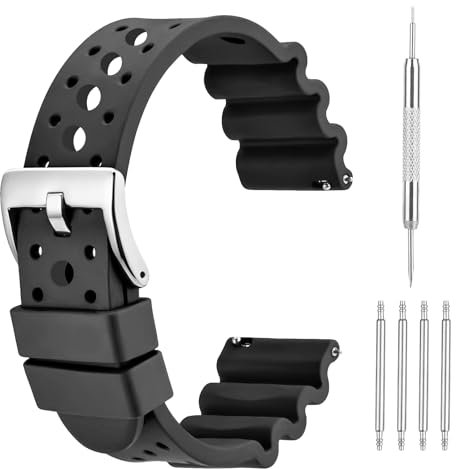 Trendecor Cinturino per orologio in silicone, 22 mm, impermeabile, cinturino di ricambio con fibbia in acciaio inox argentato, nero, per uomo e donna, accessorio per orologi, 22, Silicone