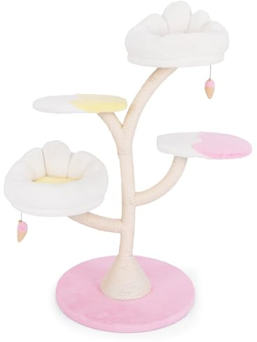COSTWAY Árbol Rascador para Gatos, Torre de Escalada para Gatos con 2 Plataformas, 2 Nidos, 2 Bolas Colgantes y Postes de Sisal, Torre de Árbol para Gatos, Blanco y Rosa