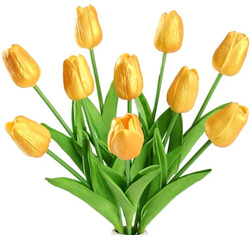 JUSTOYOU 10 STK PU Real Touch Latex Künstliche Tulpen Gefälschte Tulpen Blumen Blumensträuße Blumen Arrangement für Home Room Hochzeitsstrauß Party Herzstück Dekor(golden)