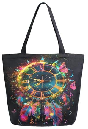Mnsruu Handtasche mit Uhr-Federn, Traumfänger, Segeltuch, große Umhängetasche, wiederverwendbar, Einkaufstasche, Handtasche, A2821, 34.5x13x40cm