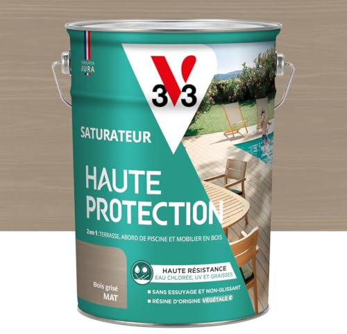 V33 Saturateur bois extérieur Anthracite mat - Pour terrasses et mobilier de jardin - Haute résistance eau chlorée, UV et graisse - Sans essuyage et non glissant - Résine d'origine végétale - 5L