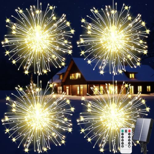 Aofonchy 4 Stück Solar Feuerwerk Lichterketten, 600LED 8 Modi Wasserdicht Hängende Pusteblume Lichterkette, Fernbedienung, Hängende Feuerwerk Lichterkette für Garten Hochzeit Weihnachten
