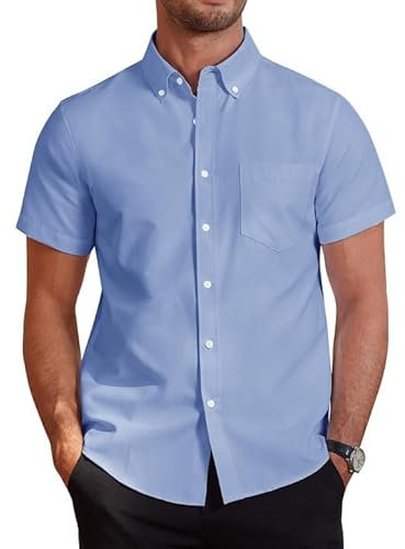 J.VER Mens Blue Shirts Short Sleeve Shirt Regular Fit Non Iron Button Down Oxford Smart Casual Business Office Work Cotton Summer Dress Shirt S