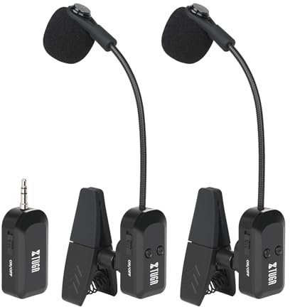 XTUGA Microphone d'instrument sans Fil à Pince Système de Microphone sans Fil pour Saxophone 2.4G Rechargeable, Trompette, Trombone, cuivres, Batterie 6 Heures (KX-721-2)