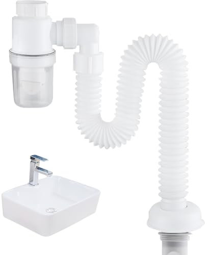 WAVATA Sifón de 1 1/4 pulgadas, sifón de ahorro de espacio, fregadero ajustable a 360°, tubo de alcantarillado intercambiable, manguera de drenaje flexible, tubo de drenaje con tapón de olor, color