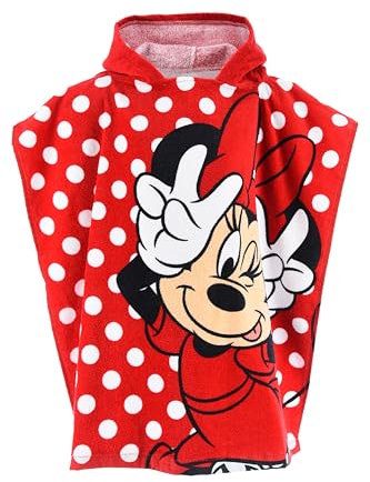 Disney Minnie Mouse Handtuch mit Kapuze, Mädchen Poncho, Kapuzenponcho-Badetuch, 100% Baumwolle Kinder, 55x110 cm, Strandtuch, Rot (Rot)