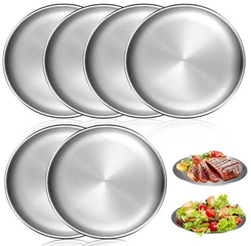 LEKEFETO Set di 6 piatti in acciaio inox Ø 20 cm | stoviglie da campeggio antiruggine per picnic, cucina e attività all'aperto, lavabili in lavastoviglie e leggere