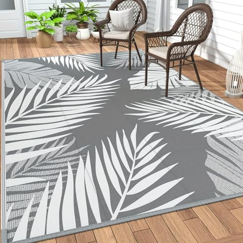 XQKXHZ Outdoorteppich 120 x 180 Außenteppich Wetterfest Wendbarer Balkonteppich Outdoor Campingteppich Kunststoff Stroh Terrassenteppich,Outdoor Teppiche für Balkon Terrasse Picknick (Grau und Weiß)