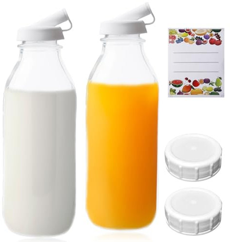 GBKDQQ 2 Stück Glasflaschen mit Deckel 1 Liter, Milchflaschen 1 Liter mit Schraubverschluss, Bügelflasche zum Befüllen Smoothie Kombucha Sirupe Getränke