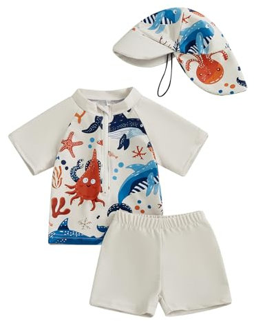 Beauace Baby Boy Swimsuit Summer Animal Print Zipper Short Sleeve Rash Guard Swim Trunks with Sunhat Toddler Boys Bathing Suit (Khaki, 2-3 Years)