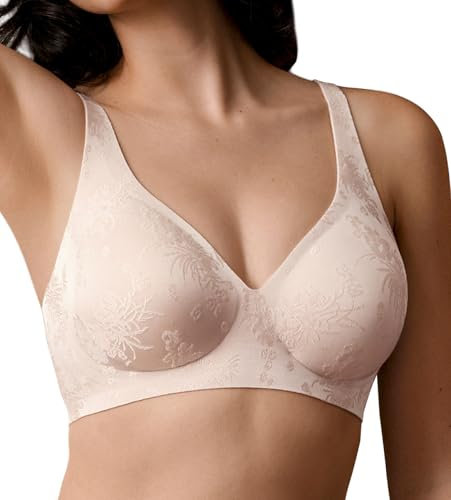 SHARICCA Women's Everyday Bras Deep V Wireless Comfortable Push Up Bralette Seamless Full Coverage Jacquard with Support,Gray Pink,L