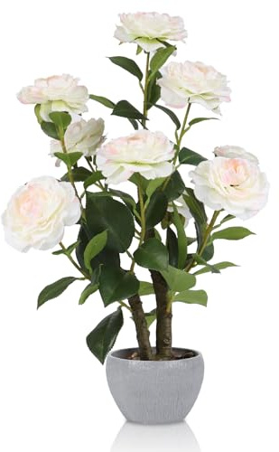 HPNIUB Artificial Camellia Potted Plant with Stone Pot, Fake Potted Flowers Faux Desk Plant, Realistic Decorative Plants Indoor Decor for for Home Bedroom Bathroom Office Desk 37x32x52cm