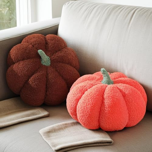 2 Stücks Kürbis Kissen Herbstdeko Innen, Pumpkin Pillow Plüsch Autumn Fall Decor Herbst Dekoration Aesthetic Halloween Deko Kürbiskissen Herbstkissen für Wohnzimmer Schlafzimmer Sofa (Pink&Braun)
