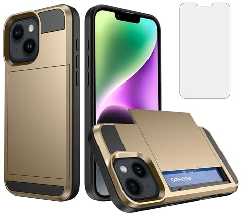 Asuwish Phone Case for iPhone 14 Plus 6.7 inch with Tempered Glass Screen Protector Cover and Card Holder Hybrid Shockproof Cell Accessories i-Phone 14+ iPhone14Plus 5G i i14 + iPhone14 14Plus Gold