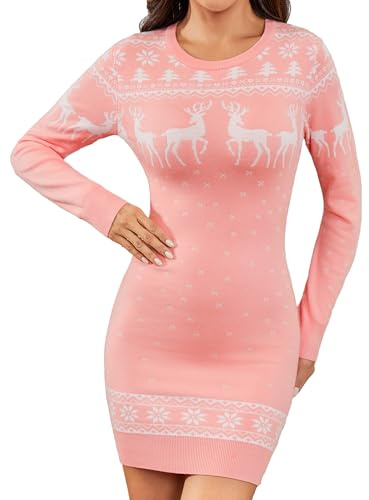Irevial Robe Pull Noël Femme Col Rond Manches Longues Motif Maille Chaude | Renne flocon arbre, maille chaude, coupe confortable, fête famille, automne hiver