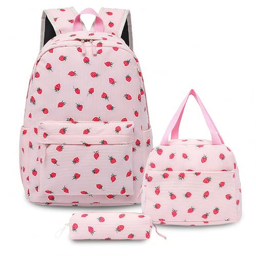Qubitly Strawberry School Backpack 3-Piece Set, Kawaii Bag with School Lunch Box & Pencil Case, Cute Backpack Sets for Girls, Pink Bookbag for Teens & Women