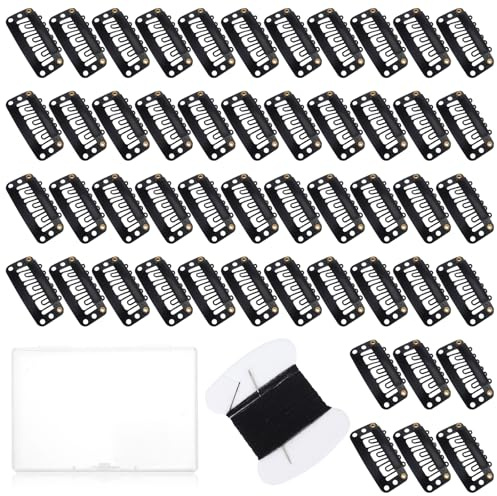 50 Stück Echthaar Extensions Kilps, U Form Haarverlängerung Clips, Metall Silikon Perücken Clip, Schwarz Haar Extensions Clips mit 50 Nähnadeln Und 1 Rollen Draht für Frauen Perücken