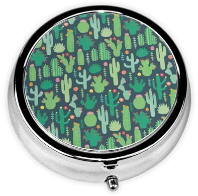 Niedliche Kaktus-Illustration. Diese kleine, bedruckte, runde Pillendose ist ein tragbarer Pillen- und Vitamin-Organizer, perfekt für Taschen, Geldbörsen und Reisen.