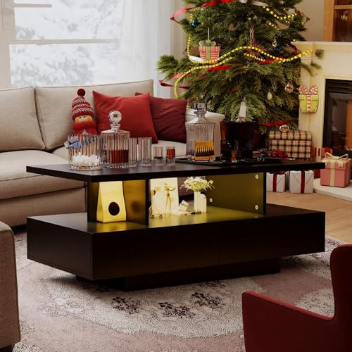 YU YUSING Couchtisch Schwarz mit LED Beleuchtung, 2 Schubladen 105x50x39cm | Modern Wohnzimmertisch mit 6000-Farbiger einstellbaren Lichtfarben, Sofatisch Beistelltisch mit Fernbedienung APP, Schwarz