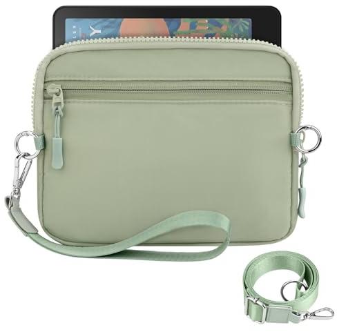 Dadanism 6-7 Housse de Protection Rembourrées avec Blocage RFID,Vert Sauge | avec Bandoulière et Dragonne pour 7 Kindle Paperwhite/Colorsoft, 6 Liseuses Kindle/Kobos/Nook
