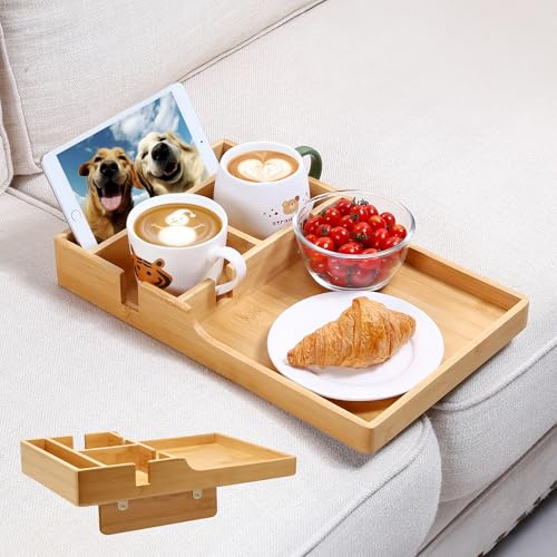 Nnewvante Couch Table Insert Between Cushions,39x25cm Bamboo | 2-In-1 Sofa Tray with 2 Cup holders for Couch Middle,Sits Flat On Ottomans for Drinks, Snacks and Remotes within Easy Reach