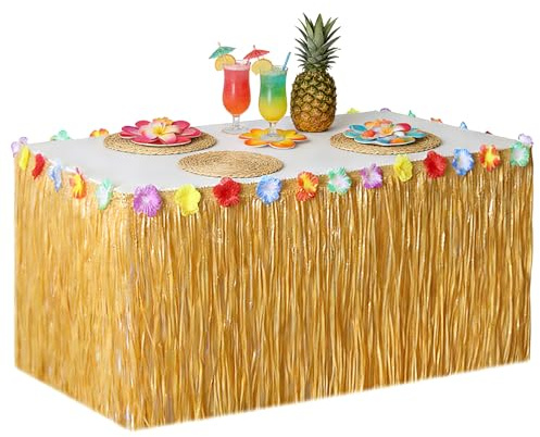 LJalin 1 Stück Hawaii Tischröcke, 275x75cm Hawaiian Tischrock, Luau Gras Tischrock Natürliche, Hawaii Party Dekoration für Hawaii Party, Luau Party, Kostüm Party