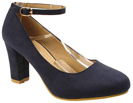 Womens Ladies Block Heel Ankle Strap Work Court Evening Dress Girls Shoes Pumps UK Size 3-12 (7 UK, Navy Suede)