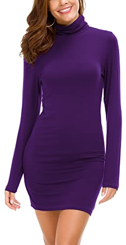 EXCHIC Femmes Casual Confortable Col Roulé Longues Manches élastique Mini Robe Sexy Bodycon Club Robe (S, Violet)
