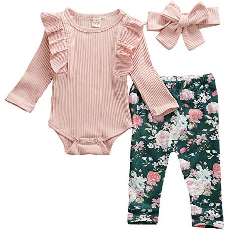 Geagodelia Babykleidung Set Baby Mädchen Langarm Body Strampler + Blumen Hose + Stirnband Neugeborene Kleinkinder Warme Babyset Kleidung T-38207 (0-6 Monate, Pink)