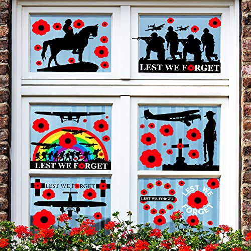 Funnlot Lest We Forget Stickers Poppy Window Sticker 8 Sheets Remembrance Day Stickers for Outside Indoor Window Application Remembrance Day Refrigerator Home Office Classroom Window Decorations