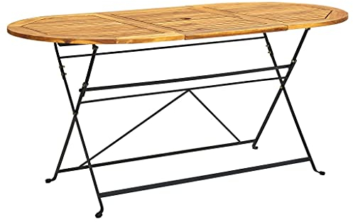 TEWTX7 Massivholz Akazie Oval Klappbarer Gartentisch Mit Schirmloch Balkontisch Beistelltisch Tisch Terrassentisch Couchtisch Kaffeetisch Metallrahmen