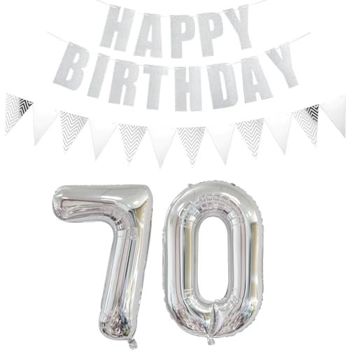 Luftballons Zahl 70 Silber + Happy Birthday Girlande + banner Folienballon 70.Geburtstags deko frau mann ballons 70 Jahre Geburtstag deko frauen Zahlenballon 70 Geburtstag dekoration Männer frau(70)