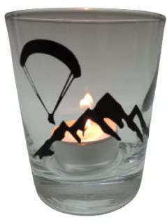 Lichtidee Teelicht Glas Windlicht Tischlicht Print mit Berge schwarz Handmade Unikat Ostern Muttertaggeschenk, Höhe 8cm,