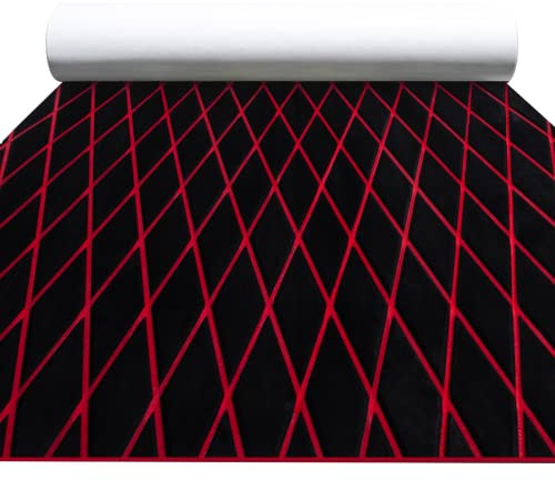 FOCEAN Boat Flooring EVA Foam Boat Decking Marine Mat Non-Slip Self-Adhesive Flooring Sheet for Motorboat Kayak Surfboard Garden Flooring Swimming Pools, 75''x 28'', Black with Red Lines