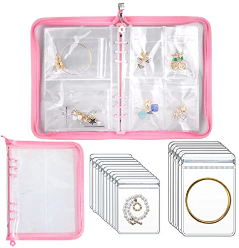 Travel Jewelry Organizer Transparent Jewelry Storage Book Set with Pocket Traveling Necklace Earring Organizer with Zipper for Ring, Bracelets, Stud (120 Grids +75 Thicken PVC Zipper Bags, Pink)