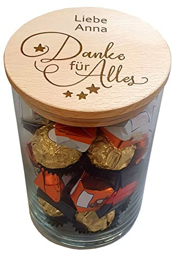 My Sweetheart® Danke sagen Geschenkidee Erzieherin Dankeschön Geschenk Freunde Kollegen Oma Opa XL Vorratsglas personalisiert mit Gravur Holz Deckel Vorratsdosen Glas Keksdose