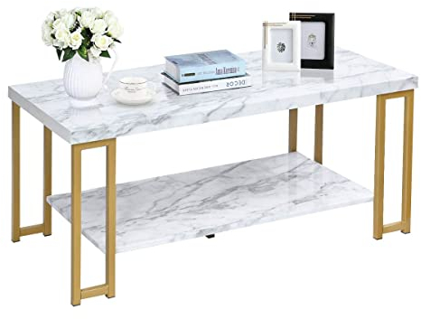 LIFEZEAL Table Basse Aspect Marbre à 2 Niveaux, Table de Salon Rectangulaire 100x50x45 CM,Meuble de Salon, Style Moderne,Pieds en Fer Solides, Blanche et Dorée