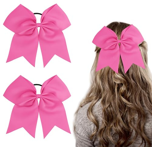 WLLHYF 2 STÜCKE Große Cheer Schleife 8 Zoll Jumbo Cheer Haarschleifen Pferdeschwanzhalter Gummiband Handgefertigt für Cheerleader Teenager Mädchen College Sport Cheerleading Schleife Haarschmuck(Rosa)